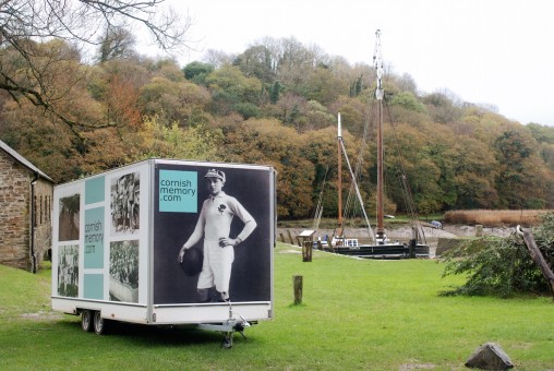 The cornishmemory.com mobile digitisation trailer at Cothele in front of the Shamrock.